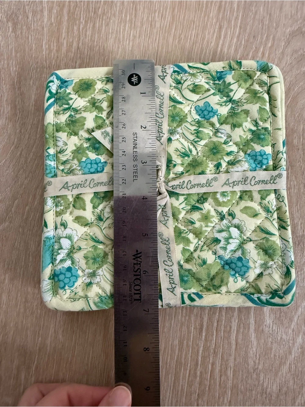 April Cornell yellow blue green floral quilted pot holders set of 3